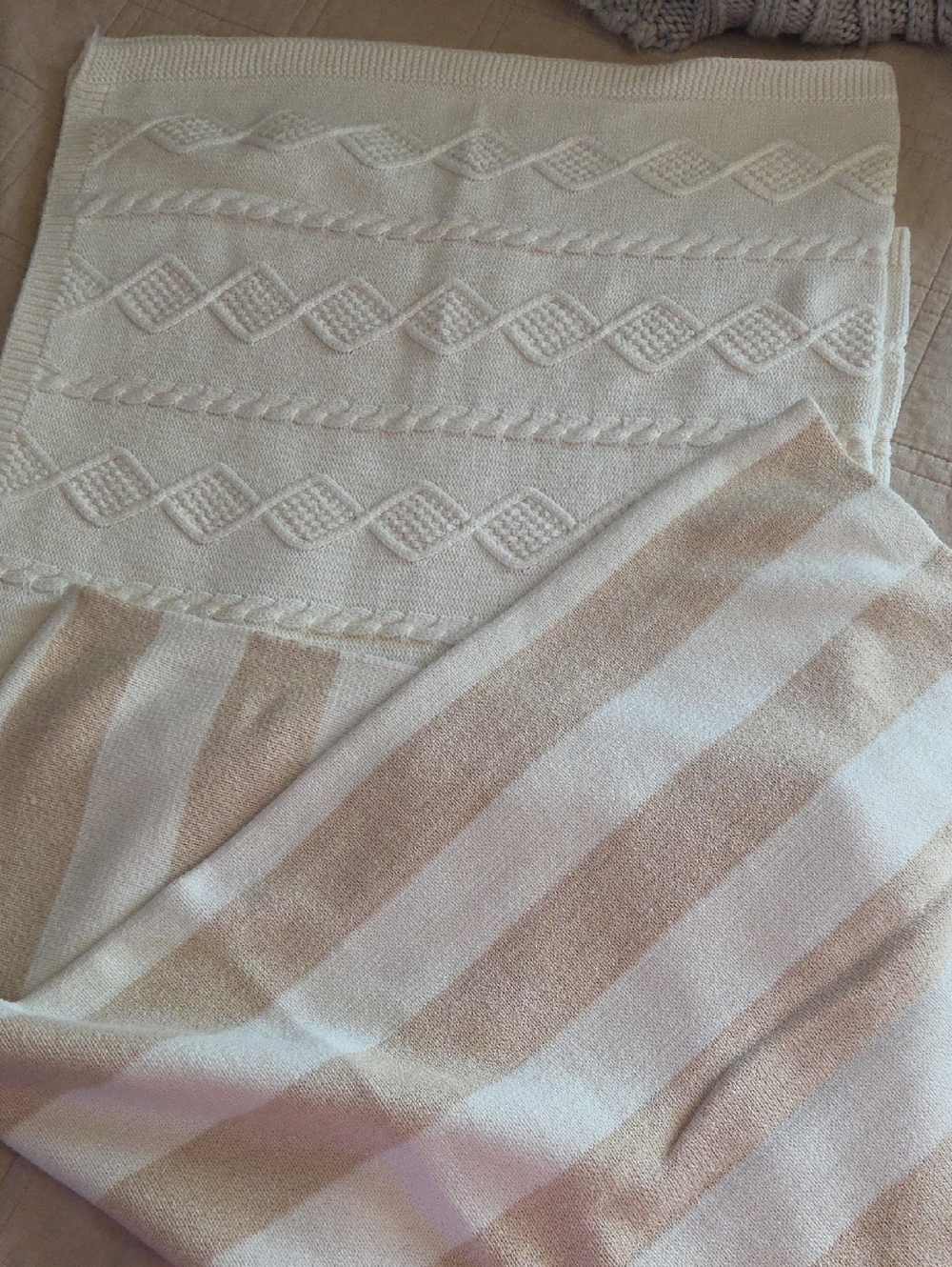 100% Organic Cotton Striped & Cable Knit Cream Beige  Blankets